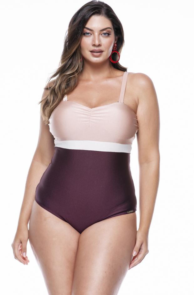 Plus size Strapless Swimsuit with Cups, Removable Straps, Burgundy, Whipped Cream and Pearl