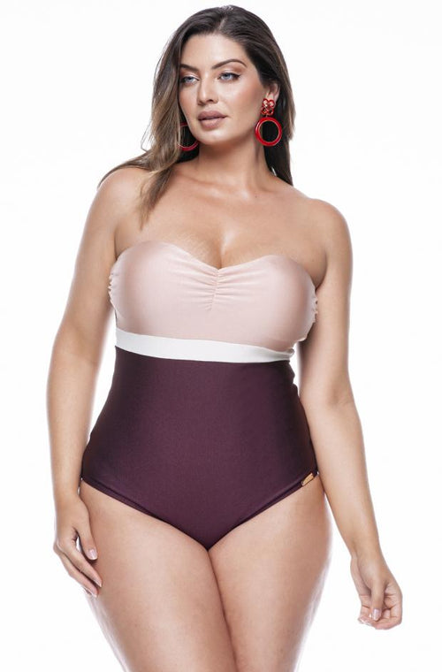 Plus size Strapless Swimsuit with Cups, Removable Straps, Burgundy, Whipped Cream and Pearl