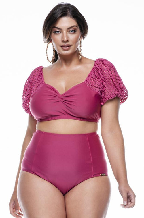 Plus size Biquini with Puffy Sleeve in Lace in Lychee Color - LEHONA