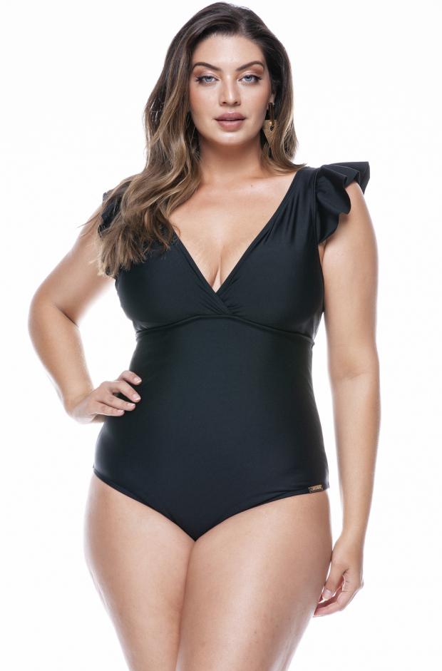 Plus Size Swimsuit with Ruffle on the Shoulders in Black Color - LEHONA