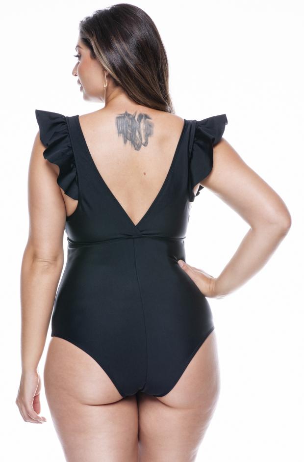 Plus Size Swimsuit with Ruffle on the Shoulders in Black Color - LEHONA