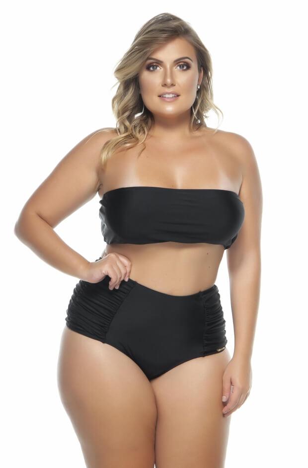 Plus Size Sash Top Brazilian Bikini with Cup and Bow in Black - LEHONA