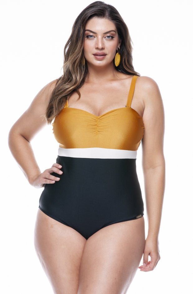 Produtos Plus size Strapless Swimsuit with Cups, Removable Straps, Black, Apricot and Pearl - LEHONA