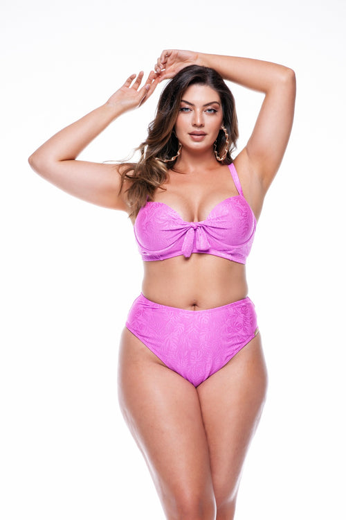 Plus Size Bikini Bow and Bulge, Adjustable Straps in Textured Pink Color - LEHONA