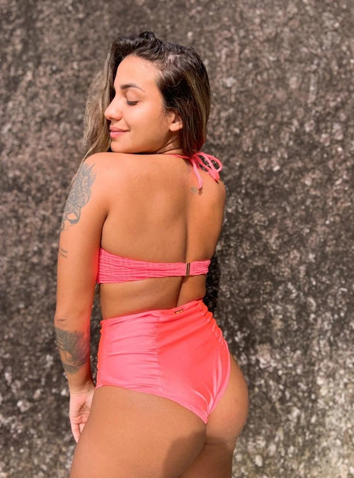 Brazilian Hot Pant Bikini with Hoop Neon Pink