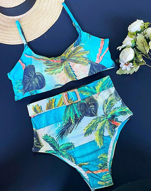 Bikini Top with Removable Cup and Large Hot Pants Panties – Blue Coconut Tree Print