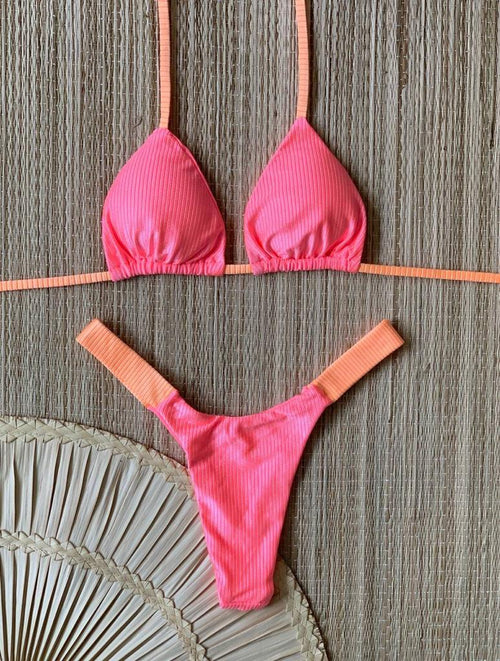 Brazilian Curtain Bikini Two Colors Ribbed Neon Pink Orange