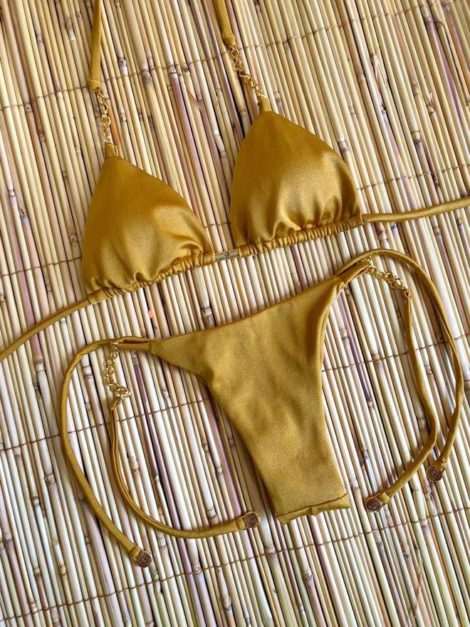 Brazilian Golden Bikini Curtain Triangle Lace Panties