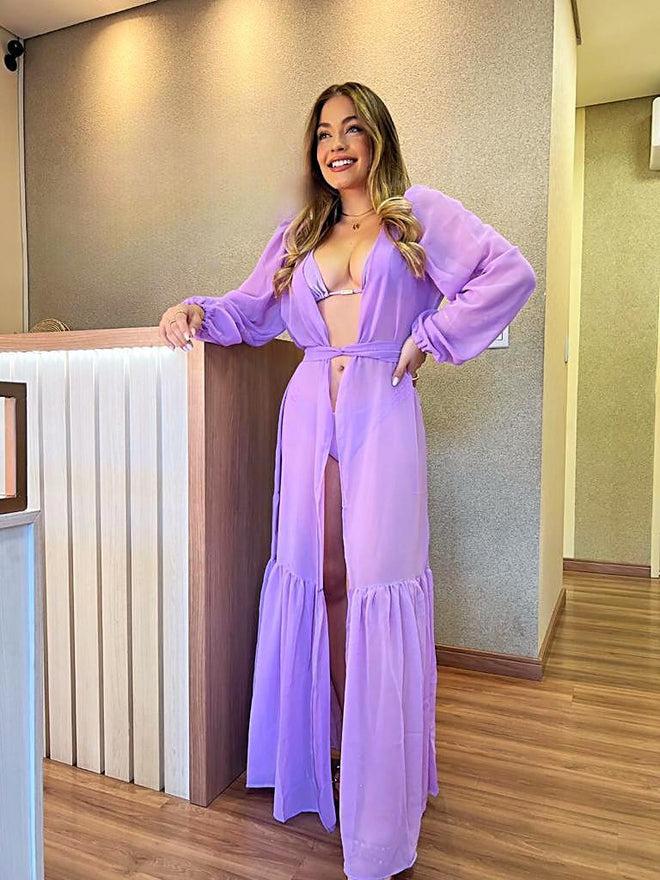 Women’s Swimwear Purple Cover Ups Open Swimsuit Kimono Long Flowy Beachwear