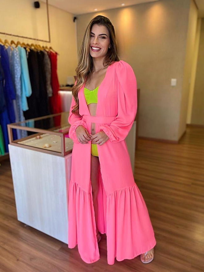 Women’s Swimwear Pink Neon Cover Ups Open Swimsuit Kimono Long Flowy Beachwear