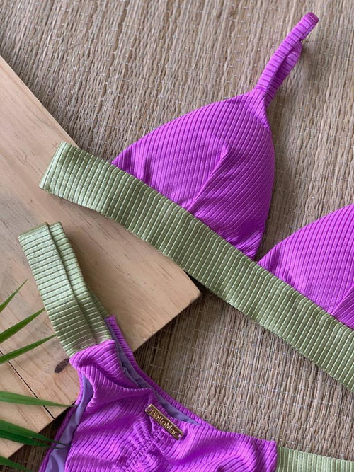 Brazilian Curtain Bikini Sets Neon Purple / Olive Green
